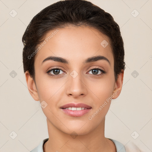 Joyful white young-adult female with short  brown hair and brown eyes