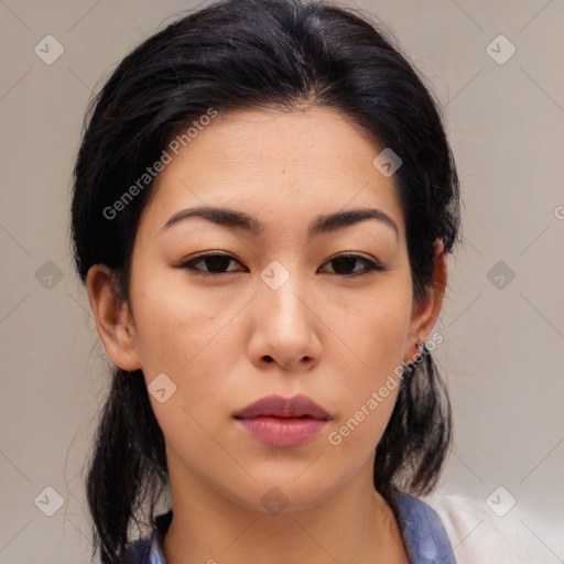 Neutral asian young-adult female with medium  brown hair and brown eyes