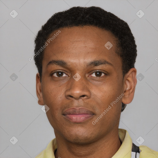 Neutral black adult male with short  black hair and brown eyes