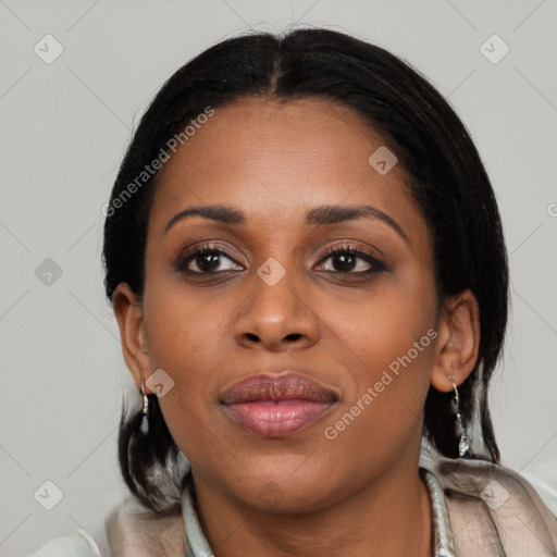 Joyful black young-adult female with medium  black hair and brown eyes