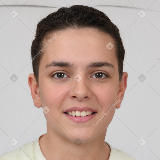 Joyful white young-adult female with short  brown hair and brown eyes