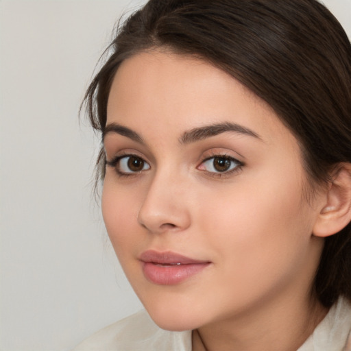 Neutral white young-adult female with medium  brown hair and brown eyes