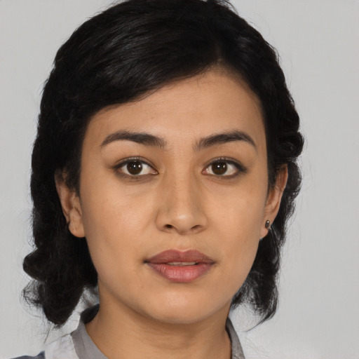 Neutral asian young-adult female with medium  black hair and brown eyes
