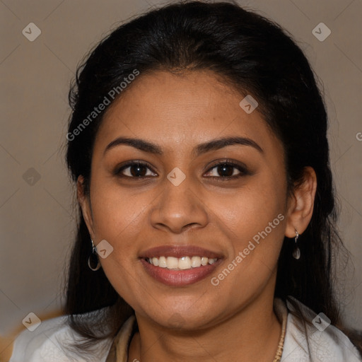 Joyful latino young-adult female with medium  brown hair and brown eyes