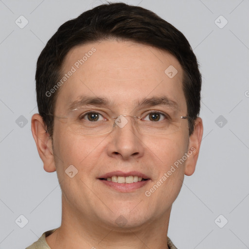 Joyful white adult male with short  brown hair and grey eyes