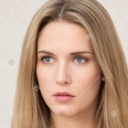 Neutral white young-adult female with long  brown hair and brown eyes