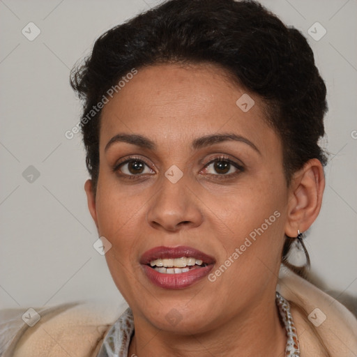 Joyful latino young-adult female with short  brown hair and brown eyes