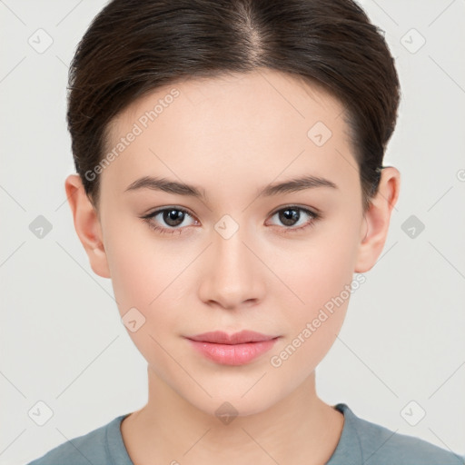 Neutral white young-adult female with short  brown hair and brown eyes