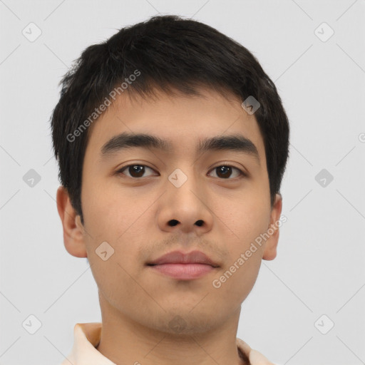 Neutral asian young-adult male with short  brown hair and brown eyes