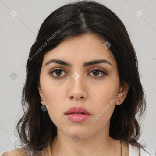 Neutral asian young-adult female with medium  black hair and brown eyes