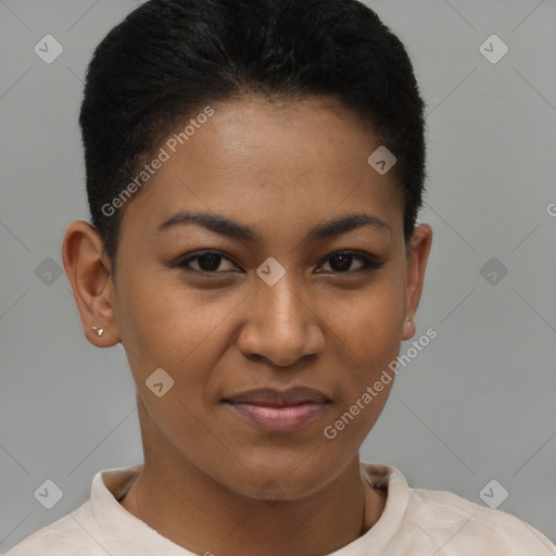 Joyful latino young-adult female with short  brown hair and brown eyes