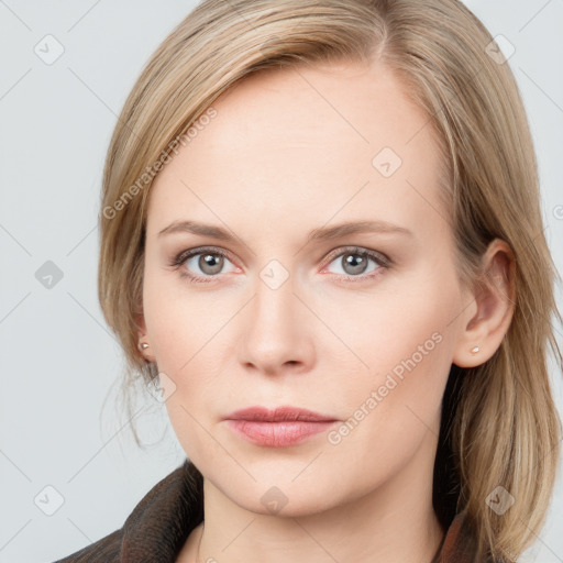 Neutral white young-adult female with long  brown hair and blue eyes