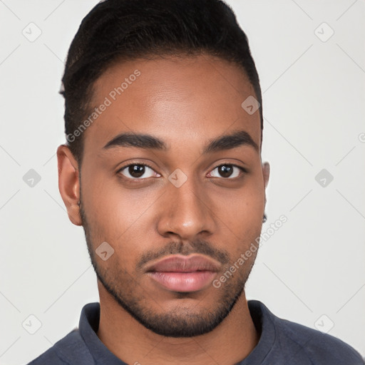 Neutral latino young-adult male with short  brown hair and brown eyes