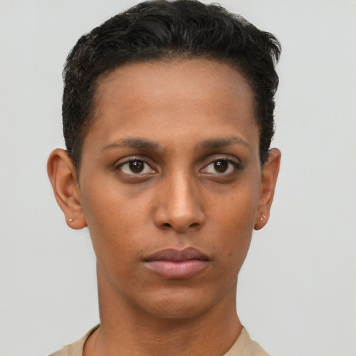 Neutral latino young-adult female with short  brown hair and brown eyes