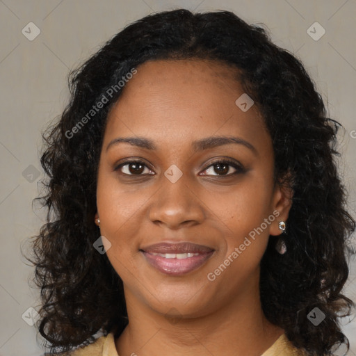 Joyful black young-adult female with medium  brown hair and brown eyes