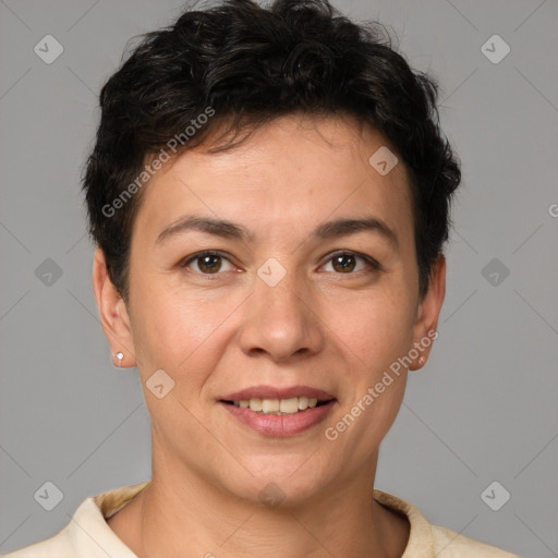 Joyful white young-adult female with short  brown hair and brown eyes