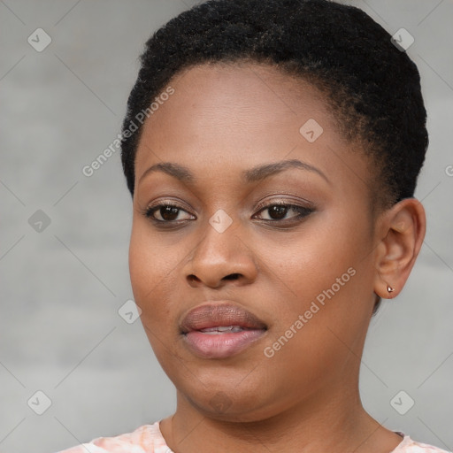 Neutral black young-adult female with short  black hair and brown eyes