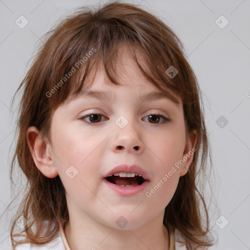 Joyful white child female with medium  brown hair and brown eyes