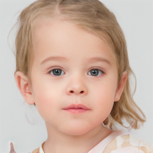 Neutral white child female with medium  brown hair and blue eyes