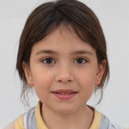 Joyful white child female with medium  brown hair and brown eyes