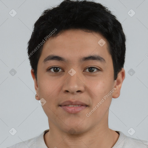 Neutral asian young-adult male with short  black hair and brown eyes