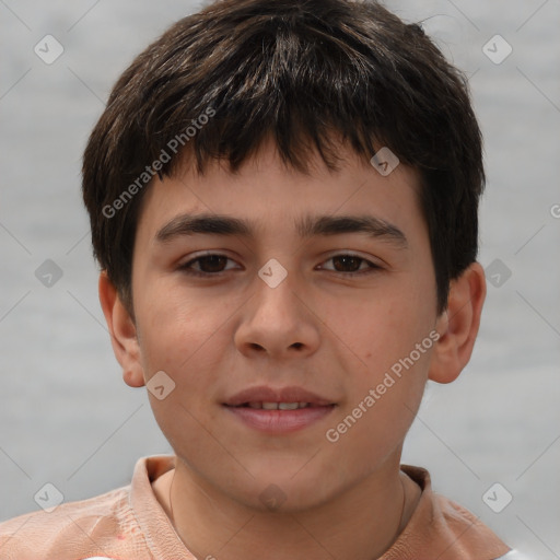 Joyful white child male with short  brown hair and brown eyes