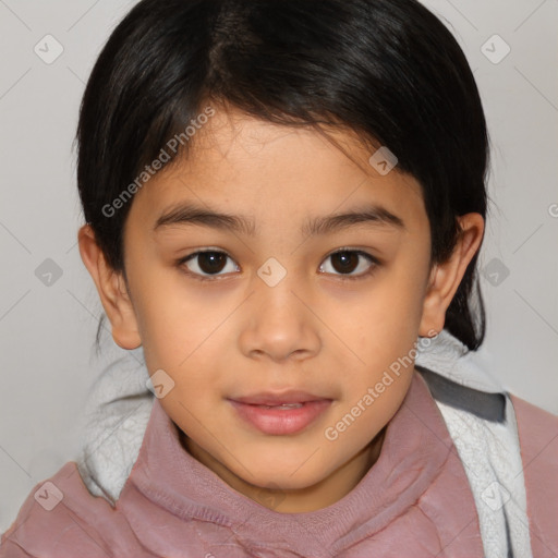 Joyful white child female with medium  brown hair and brown eyes