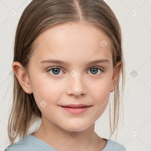 Joyful white child female with medium  brown hair and grey eyes