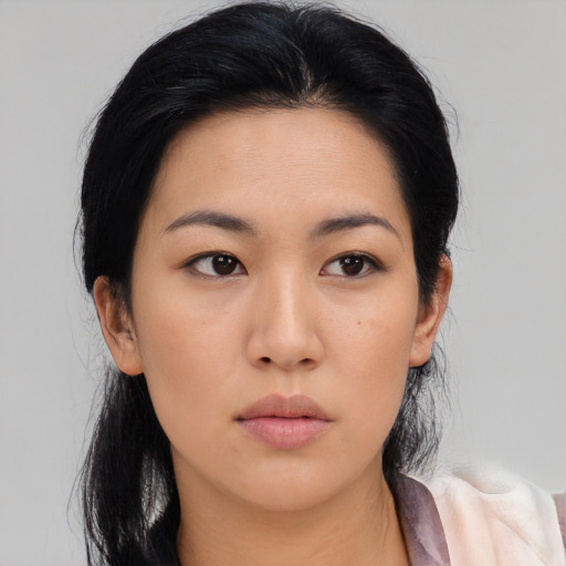 Neutral asian young-adult female with medium  black hair and brown eyes