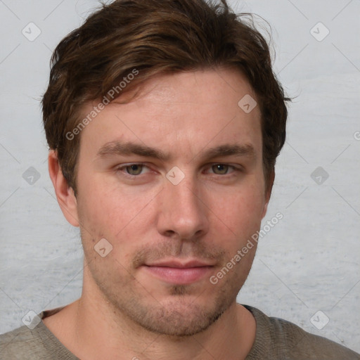 Neutral white young-adult male with short  brown hair and grey eyes