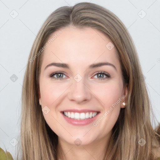 Joyful white young-adult female with long  brown hair and grey eyes