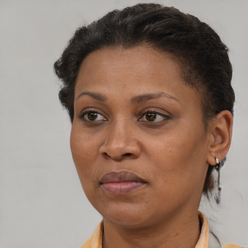 Joyful black adult female with short  brown hair and brown eyes
