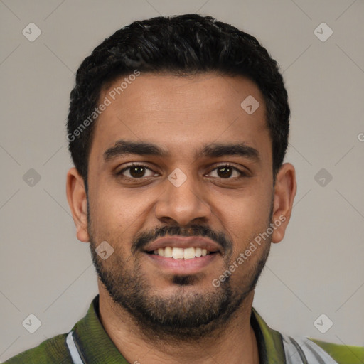 Joyful latino young-adult male with short  black hair and brown eyes