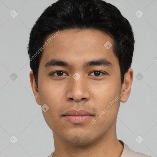 Neutral asian young-adult male with short  black hair and brown eyes