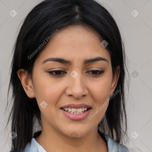 Joyful latino young-adult female with medium  brown hair and brown eyes