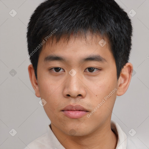 Neutral asian young-adult male with short  black hair and brown eyes