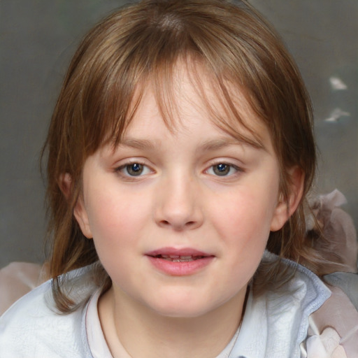 Neutral white child female with medium  brown hair and blue eyes