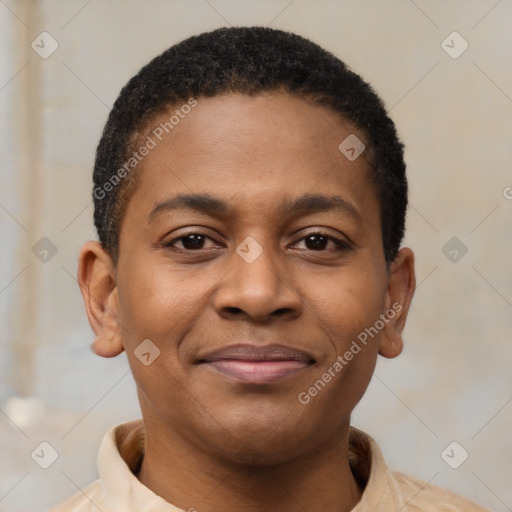 Joyful latino young-adult male with short  brown hair and brown eyes