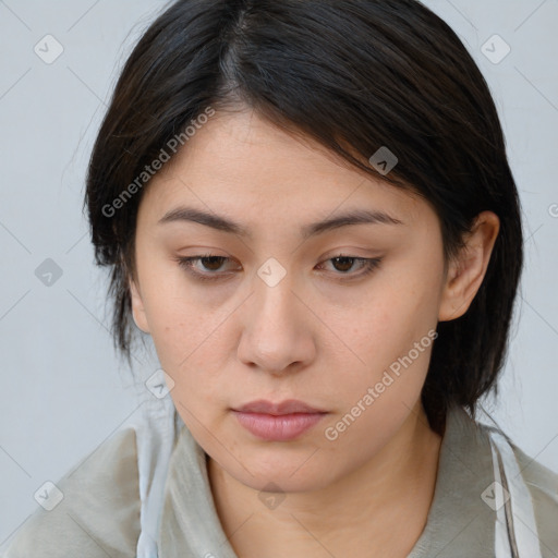 Neutral white young-adult female with medium  brown hair and brown eyes