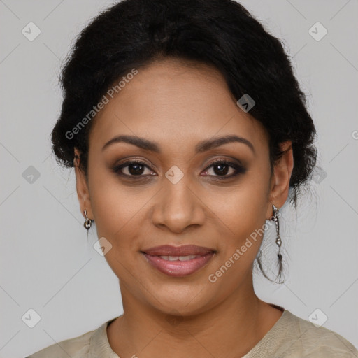 Joyful latino young-adult female with medium  black hair and brown eyes