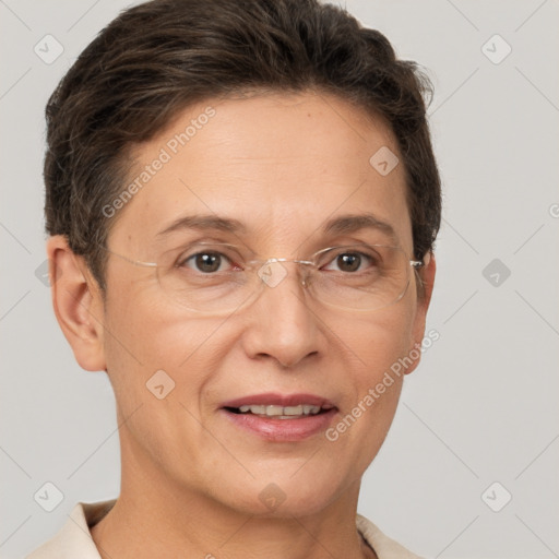 Joyful white adult female with short  brown hair and brown eyes