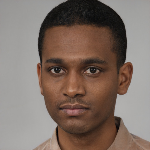 Neutral black young-adult male with short  black hair and brown eyes