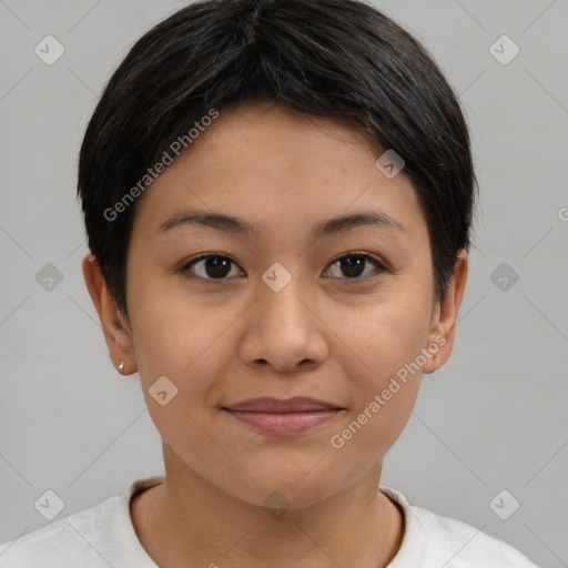 Joyful asian young-adult female with short  brown hair and brown eyes