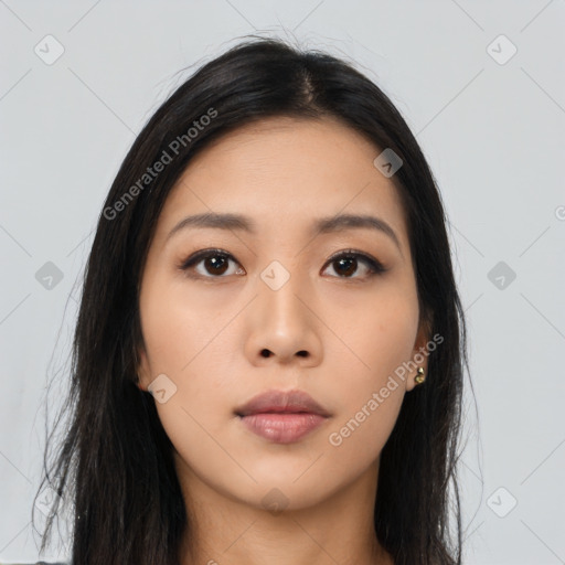 Neutral asian young-adult female with long  black hair and brown eyes