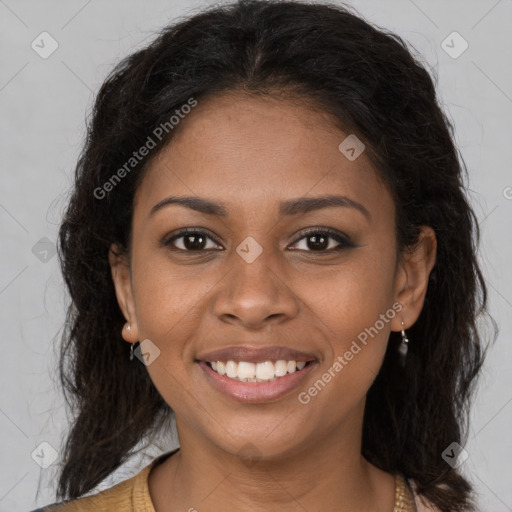 Joyful black young-adult female with medium  brown hair and brown eyes