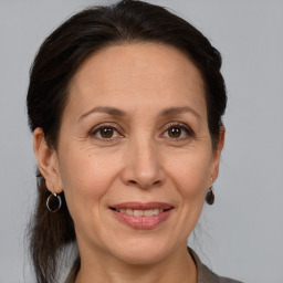 Joyful white adult female with medium  brown hair and grey eyes