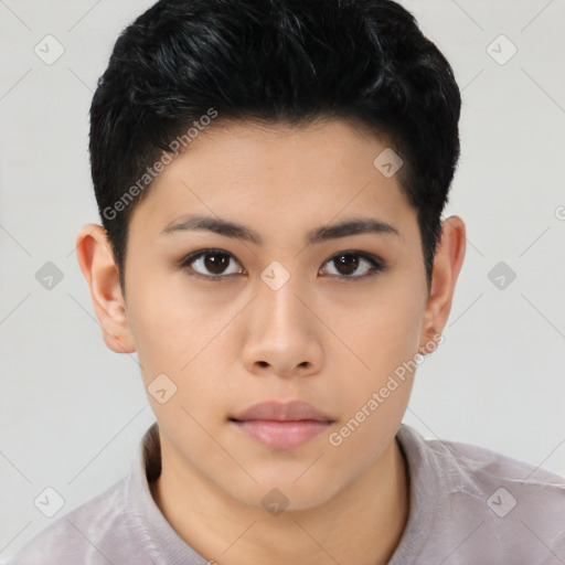 Neutral asian young-adult female with short  black hair and brown eyes