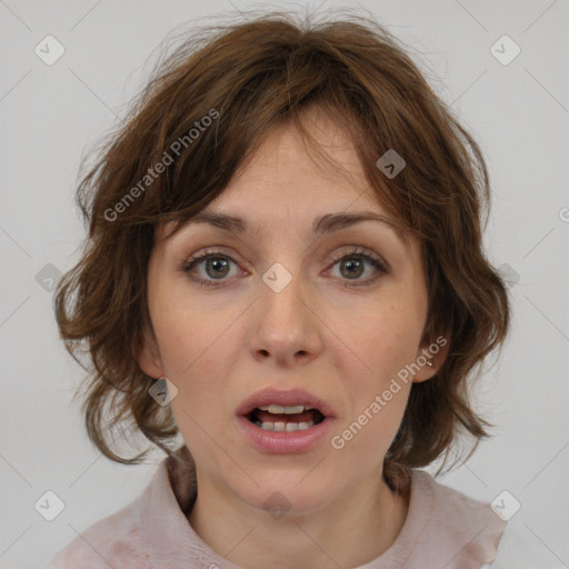 Neutral white young-adult female with medium  brown hair and brown eyes