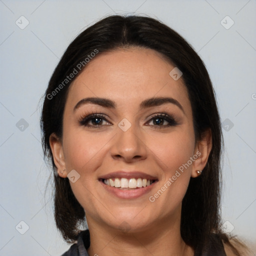 Joyful white young-adult female with medium  brown hair and brown eyes