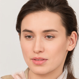 Neutral white young-adult female with short  brown hair and brown eyes